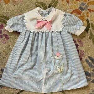 Bonnie Jean Light Blue & White Striped Baby Dress with Pink Accent